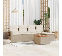 WEMYUFURN Juego de 6 sofás de jardín con cojines de ratán de polietileno beige. Diseño modular, estantes plegables con muelles de gas y tablero de madera de acacia para terraza y jardín.