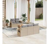 WEMYUFURN Juego de 6 sofás de jardín con cojines de ratán de polietileno, incluye mesa auxiliar con tablero de madera de acacia y estantes plegables con muelles de gas, diseño modular con extraíble