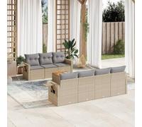 WEMYUFURN Juego de 8 sofás de jardín con cojines beige de poliratán, sofá de jardín modular con mesa auxiliar de madera de acacia, estantes plegables con muelles de gas, fundas extraíbles y lavables