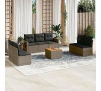 WEMYUFURN Juego de 8 sofás de jardín con cojines en gris de ratán sintético, incluye sofá modular y mesa auxiliar con tablero de madera de acacia y estantes plegables con muelles de gas
