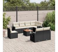 WEMYUFURN Juego de 9 sofás de jardín con cojines de poliratán negro, incluye mesa auxiliar con tablero de madera de acacia y estantes plegables con muelles de gas, diseño modular para flexibilidad