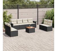 WEMYUFURN Juego de 9 sofás de jardín con mesa auxiliar, polirratán negro, juego modular con cojines y fundas extraíbles, estantes plegables con muelles de gas, tablero de madera de acacia