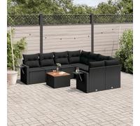 WEMYUFURN Juego de 9 sofás de ratán sintético negro con cojines, sofá de jardín con estantes plegables y muelles de gas, diseño modular, tablero de madera de acacia, fundas extraíbles y lavables