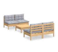WEMYUFURN Juego de muebles de jardín de 5 piezas con cojines grises de madera de pino, conjunto de asientos para exteriores, juego de sofá de jardín, resistente a la intemperie, cómodo, para terraza