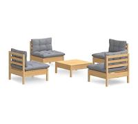 WEMYUFURN Juego de muebles de jardín de 5 piezas con cojines grises de madera de pino, conjunto de asientos para exteriores, juego de sofá de jardín, resistente a la intemperie, cómodo, para terraza
