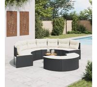 WEMYUFURN Juego de muebles de jardín de media luna de polietileno con mesa de madera de acacia y cojines extraíbles para terraza, patio, jardín, salón