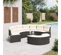 WEMYUFURN Juego de muebles de jardín de media luna, sofá de ratán de polietileno con mesa de cristal y taburete para terraza, jardín, cojines acolchados, muebles de exterior, resistente a la