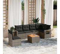 WEMYUFURN Juego de sofá de jardín con cojines de ratán gris de poli ratán de 7 piezas, sofá modular con mesa auxiliar, estantes plegables con muelles de gas, tablero de madera de acacia extraíble