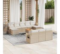 WEMYUFURN Juego de sofás de jardín con cojines beige de poliratán, 11 piezas, mesa de madera de acacia y estantes plegables, fundas fáciles de limpiar extraíbles