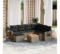 WEMYUFURN Juego de sofás de jardín con cojines de poliratán, 8 piezas, incluye mesa auxiliar con tablero de madera de acacia y estantes plegables con muelles de gas, diseño modular con extraíble