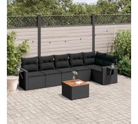 WEMYUFURN Juego modular de sofá de jardín con cojines de ratán sintético negro con mesa auxiliar de madera de acacia, estantes plegables con muelles de gas, fundas extraíbles y lavables
