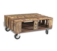 WEMYUFURN Mesa de centro antigua de madera recuperada con ruedas y espacio de almacenamiento, tablero de madera maciza, madera reciclada, diseño vintage, mesa de salón, mesa auxiliar, muebles