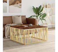 WEMYUFURN Mesa de centro de acero inoxidable dorado y madera maciza envejecida, mesa de café, mesa de salón, mesa auxiliar, para salón y oficina, centro de atención para tu hogar