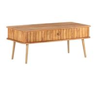 WEMYUFURN Mesa de centro vintage de madera maciza de acacia con cajón y patas de hierro, mesa de salón o mesa auxiliar con lacado miel, espacio de almacenamiento estable