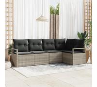 WEMYUFURN Moderno juego de sofá de esquina para exteriores con ratán de poli gris claro y cojines negros para terraza, jardín, balcón, diseño modular, patas ajustables, textura tejida a mano