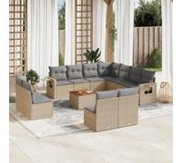 WEMYUFURN Sofá modular de jardín beige con cojines de ratán de polietileno, incluye mesa auxiliar con tablero de madera de acacia y estantes plegables con muelles de gas, 12 piezas
