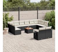 WEMYUFURN Sofá modular de jardín de 13 piezas, con cojín, polirratán, color negro, estantes plegables y mesa de madera de acacia