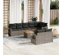 WEMYUFURN Sofá modular de jardín gris con cojines y mesa auxiliar de ratán de polietileno y madera de acacia, estantes plegables con muelles de gas, fundas extraíbles