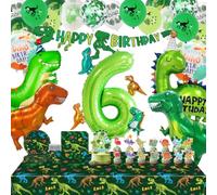 WENAUANG 80 Piezas Decoracion Cumpleaños Dinosaurios 6/7/8/9/10, XXL Globos Dinosaurio, Happy Birthday Bandera, Adorno para Tartas, Servilletas, Platos, Vasos para Fiesta Dinosaurio