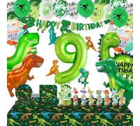 WENAUANG 80 Piezas Decoracion Cumpleaños Dinosaurios 6/7/8/9/10, XXL Globos Dinosaurio, Happy Birthday Bandera, Adorno para Tartas, Servilletas, Platos, Vasos para Fiesta Dinosaurio