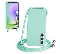 WenBaby Funda con Cuerda para Samasung Galaxy A25 5G, Líquida Silicona Carcasa con Cordón Ajustable Collar Correa de Cuello, Cubierta Prueba Golpes con Microfibra Forro (Verde Menta)