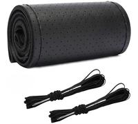 Wenbones Funda de volante de piel auténtica para camión, para coser, ajuste universal, 44 - 46 cm, antideslizante, con aguja e hilo, piel de vaca transpirable cosida a mano, color negro