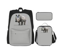 WenDang Animal Rhino - Juego de bolsa de hombro doble con bolsa de almuerzo y estuche para lápices, apto para compras, deportes al aire libre