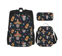 WenDang Juego de bolsa de hombro doble con diseño de calavera mexicana con bolsa de almuerzo y estuche para lápices, apto para compras, deportes al aire libre