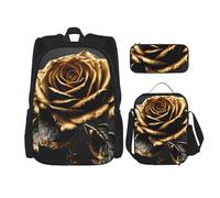 WenDang Juego de bolsa de hombro doble de flores negras y doradas con bolsa de almuerzo y estuche, apto para compras, deportes al aire libre