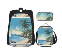 WenDang Palm Tree Rocky Shore - Juego de bolsa de hombro doble con bolsa de almuerzo y estuche para lápices, apto para compras, deportes al aire libre