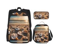 WenDang Seashell Landscape On The Beach - Juego de bolsa de hombro doble con bolsa de almuerzo y estuche para lápices, apto para compras, deportes al aire libre