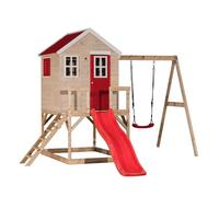 Wendi Toys casita Infantil de Madera FSC con tobogán y Columpio, 330×350×242 cm con arenero y Techo Impermeable, Parque de Juegos Exterior Rojo - M24R