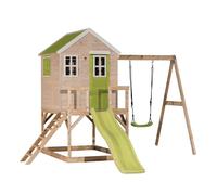Wendi Toys casita Infantil de Madera FSC con tobogán y Columpio, 330×350×242 cm con arenero y Techo Impermeable, Parque de Juegos Exterior Verde - M24L