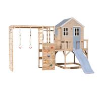 Wendi Toys M22PB-G - Casa de juegos sobre pilotes con tobogán y red de escalada, para exteriores, madera para niños, 342 × 356 × 242 cm, con plataforma y anillos de gimnasia, color azul
