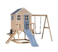 Wendi Toys M24PB-K Casa de juegos de madera FSC con tobogán y columpio - Casa de zanco para jardín para niños al aire libre 330 × 350 × 242 cm - con cocina, grifo y lavabo de arena, resistente a la