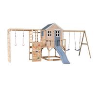 Wendi Toys M28PB-G - Casa de zanco con tobogán, columpio doble y pared de escalada de madera FSC, casa de juegos para niños al aire libre con plataforma de 90 y 120 cm, red de escalada, anillos de