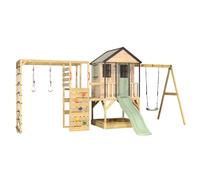 Wendi Toys M50PGN-G Casa con tobogán, columpio y torre de escalada de madera FSC, casa de juegos para niños para exteriores con plataforma 90/120 cm, pared de escalada, red de escalada y arenero, 342