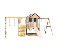 Wendi Toys M50PP-G Casa con tobogán, columpio y torre de escalada de madera FSC, casa de juegos para niños para exteriores con plataforma 90/120 cm, pared de escalada, red de escalada y arenero, 342 x