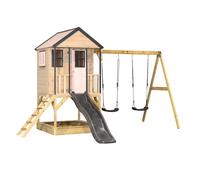 Wendi Toys M60PGG - Casa de zanco con tobogán y columpio doble, para jardín al aire libre, madera FSC, altura del podio 90 cm, 290 x 405 x 242 cm, con tobogán de 175 cm, resistente a la intemperie