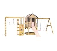 Wendi Toys M60PP-G Casa con tobogán, columpio doble y torre de escalada, de madera, casa de juegos para niños, jardín al aire libre, con pared de escalada, red de escalada y caja de arena, 342 x 563 x