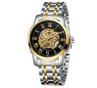 WENFVVIN Reloj analógico de acero inoxidable con números romanos luminosos para hombre, Oro