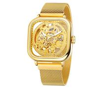 WENFVVIN Reloj automático para hombre, de lujo, excelente tecnología de esqueleto, estilo único, cuadrado, con pulsera de acero inoxidable, 2- dorado
