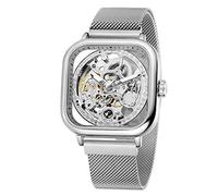 WENFVVIN Reloj automático para hombre, de lujo, excelente tecnología de esqueleto, estilo único, cuadrado, con pulsera de acero inoxidable, 1-plateado