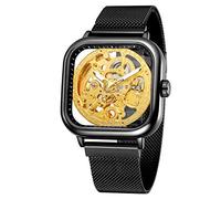 WENFVVIN Reloj automático para hombre, de lujo, excelente tecnología de esqueleto, estilo único, cuadrado, con pulsera de acero inoxidable, 3- Negro
