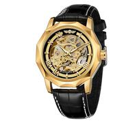 WENFVVIN Reloj de pulsera automático para hombre, esqueleto mecánico, números romanos, Dodecágono, con correa de piel auténtica, Oro