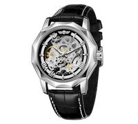 WENFVVIN Reloj de pulsera automático para hombre, esqueleto mecánico, números romanos, Dodecágono, con correa de piel auténtica, plateado