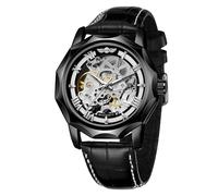 WENFVVIN Reloj de pulsera automático para hombre, esqueleto mecánico, números romanos, Dodecágono, con correa de piel auténtica, Negro -