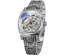 WENFVVIN Relojes automáticos para hombre, de alta gama, vintage, esqueleto automático, analógico, cuadrado, reloj de pulsera con pulsera de acero inoxidable, Plateado