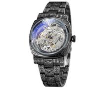 WENFVVIN Relojes automáticos para hombre, de alta gama, vintage, esqueleto automático, analógico, cuadrado, reloj de pulsera con pulsera de acero inoxidable, Negro -