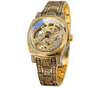 WENFVVIN Relojes automáticos para hombre, de alta gama, vintage, esqueleto automático, analógico, cuadrado, reloj de pulsera con pulsera de acero inoxidable, Oro
